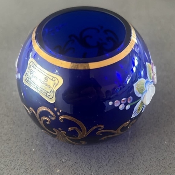 Egermann Bohemian Crystal Bowl In Cobalt Blue Gold And Gilt Applied Flowers - Picture 5 of 9